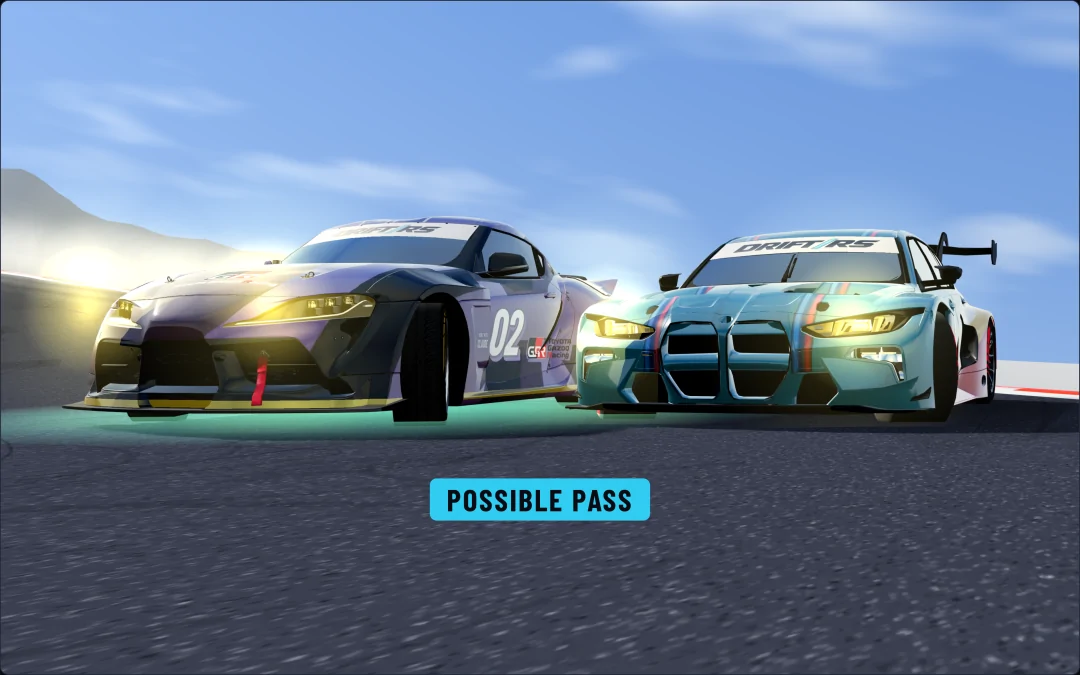 3D replay from the front: two drifting cars with their front bumpers level, flagged as a possible pass