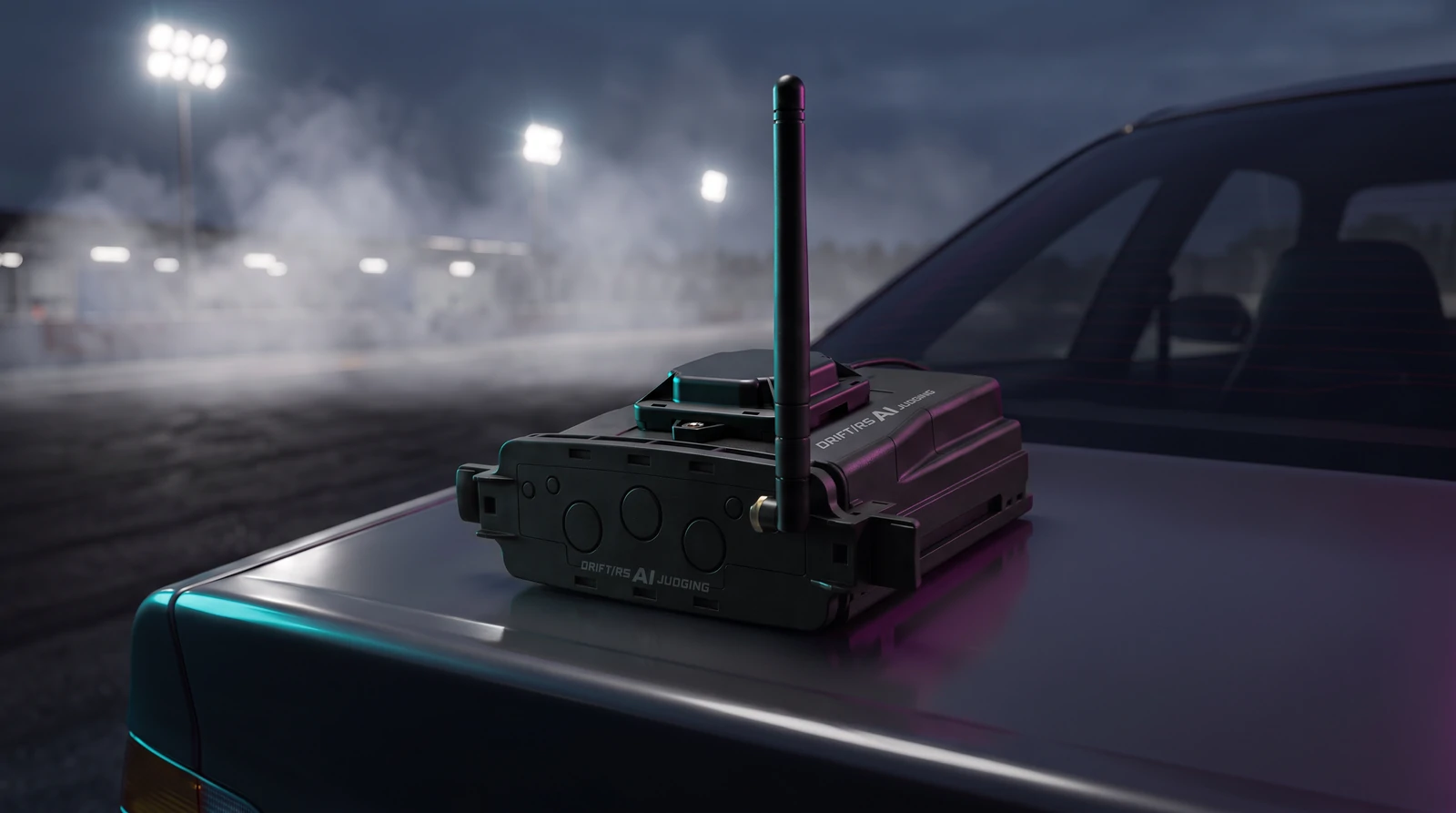 The DRIFT/RS AI Judging box on the boot of a car, with its flat GNSS antenna and its Wi-Fi antenna