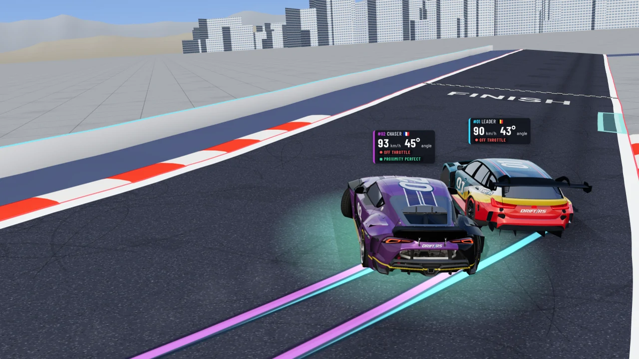 3D replay of a tandem battle: two cars sliding to the finish line, with their speed and angle shown above them
