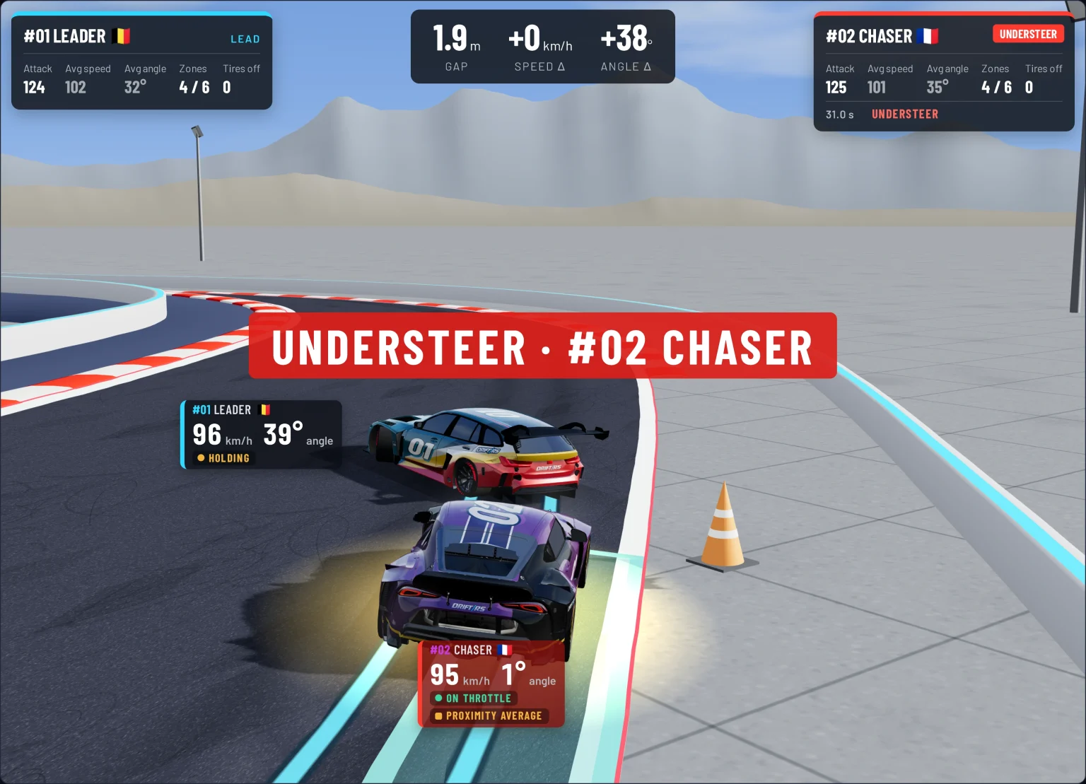Live view of a tandem battle with the red UNDERSTEER banner naming the chase car