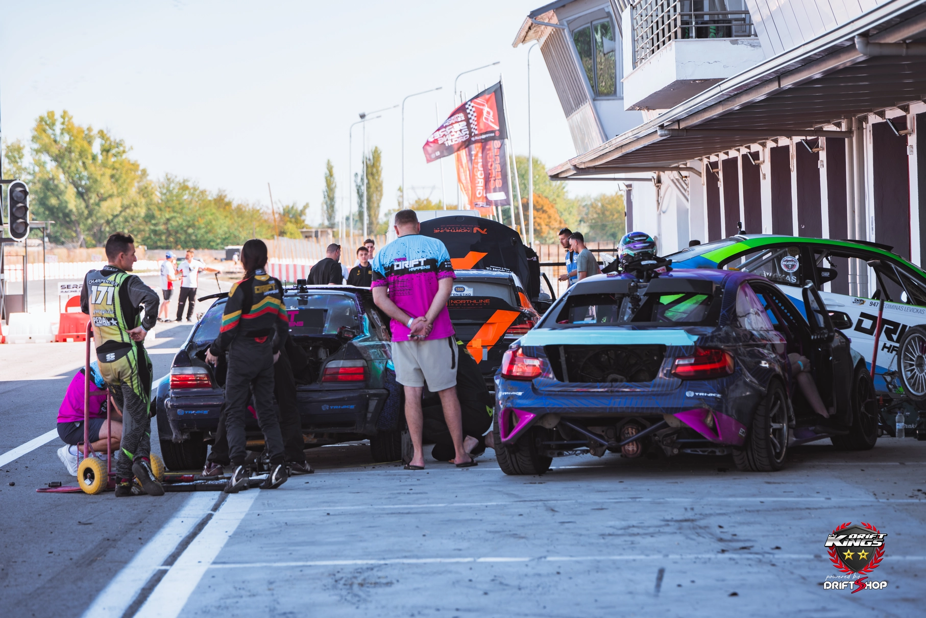 Drift Kings drivers, teams and drift cars in the Serres Racing Circuit pit lane