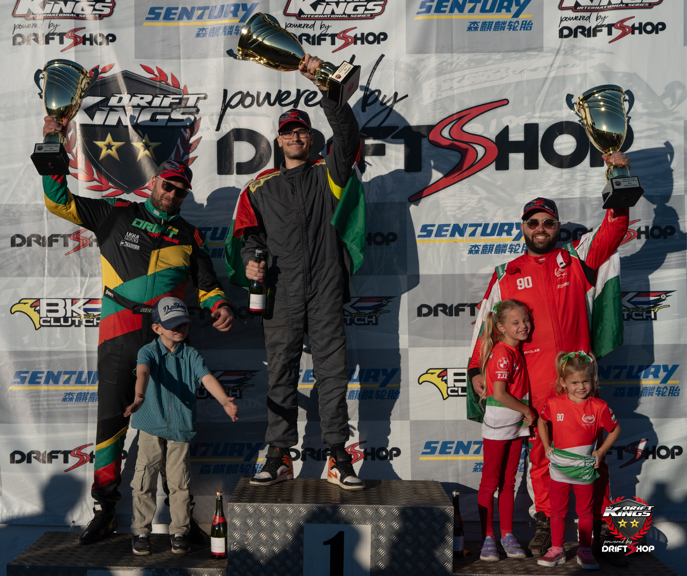 2026 Drift Kings Pro championship podium: Erik Lobmayer, Gediminas Levickas and Péter Porkoláb