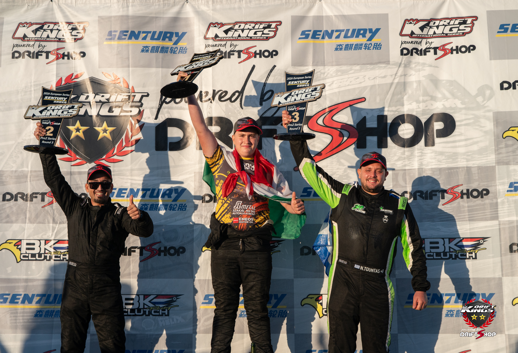 Round 5 Pro2 race podium: Adam Vass, Konstantinos Bouzalakos and Nikos Tountas