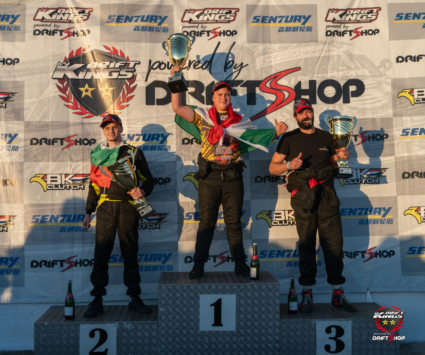 2026 Drift Kings Pro2 championship podium: Adam Vass, Drago Roglinov and Kevin Siegrist